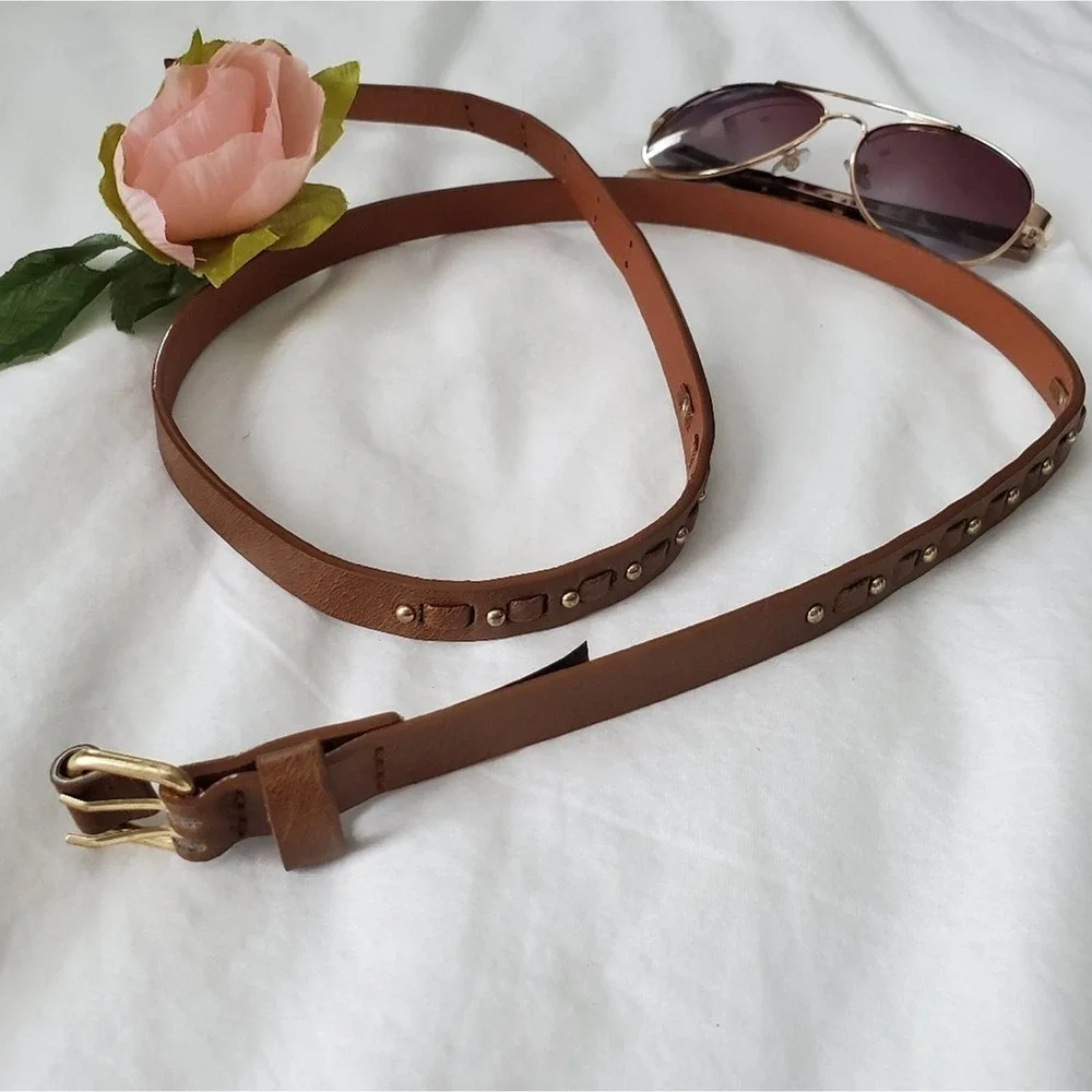 Faux Leather Belt Brown Gold Stud Size S/M
